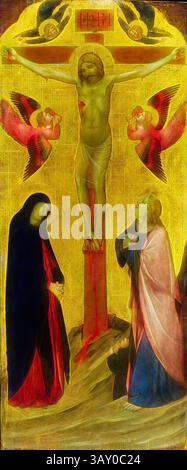Eine Szene, die die Kreuzigung darstellt, mit Jesus am Kreuz, umgeben von zwei trauernden Figuren, eine in dunklen Gewändern und die andere in Pastellfarben. Engel schweben darüber und verleihen dem düsteren Moment ein Gefühl göttlicher Präsenz. Der Hintergrund zeigt einen goldenen Schein, der die emotionale Intensität der Szene verstärkt., möglicherweise Turone da Verona, Italienisch, Kreuzigung, 1351, Tempera auf Holzplatte, ungerahmt: 148,6 x 54 cm (58 1/2 x 21 1/4 Zoll), Klassische Kunst mit einem modernen Twist von Artotop neu interpretiert Stockfoto
