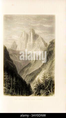 Ein atemberaubender Blick auf die drei Zinnen, majestätisch über einem ruhigen Tal, umgeben von üppigen Wäldern und dramatischen Berglandschaften, die das Wesen der natürlichen Schönheit einfangen., The Three Peaks from Landro, View Three Peaks in Landro, signiert: Whymper, S. 42, Whymper, Edward, 1868, Thomas George Bonney, Edward Whymper: die Alpenregionen der Schweiz und die Nachbarländer: ein Fußgänger's Notes on their Physical Features, Scenario and Natural History. Cambridge: Deighton, Bell and Co., 1868, Klassische Kunst mit einem modernen Twist von Artotop Stockfoto