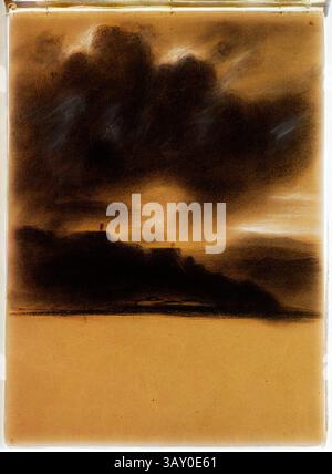Ein dramatischer Himmel voller dunkler, wirbelnder Wolken erhebt sich über einer fernen Landschaft und schafft einen starken Kontrast zum helleren Vordergrund. Die Szene weckt ein Gefühl von Mysterium und Vorfreude und deutet auf einen drohenden Sturm hin., Thomas Cole, Amerikaner, 1801-1848, (Untitled, Landscape at Night, Volterra), ca. 1831, schwarz-weiße Kreide auf braunem Webpapier, Blatt: 21 x 28,6 cm (8 1/4 x 11 1/4 Zoll), Klassische Kunst mit einem modernen Twist von Artotop neu interpretiert Stockfoto