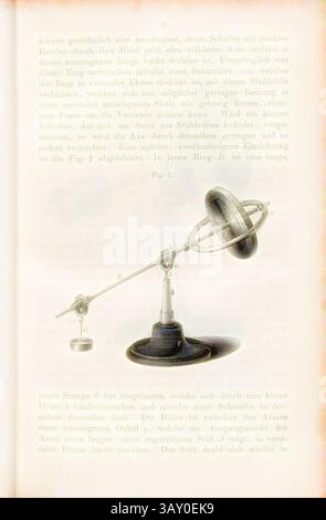 Eine komplizierte Abbildung eines mechanischen Geräts mit kreisförmigem Sockel, schwenkbarem Arm und kugelförmiger Struktur, die verschiedene beschriftete Komponenten und Messungen in Bezug auf Montage und Funktionalität zeigt., Fesselscher Rotationsapparat, Drehmaschine von Friedrich Fessel, Abb. 2, S. 5, 1857, Franz Heinen: Über einige Rotationsapparate, insbesondere den Fessel'schen. Braunschweig: Druck und Verlag von Friedrich Vieweg und Sohn, 1857, Klassische Kunst mit modernem Twist neu interpretiert von Artotop Stockfoto