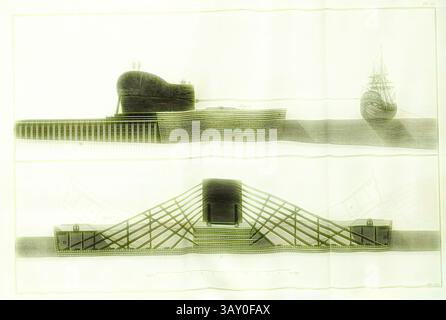 Eine detaillierte architektonische Illustration zeigt zwei unterschiedliche Entwürfe: Der obere Teil zeigt ein großes Schiff, das von einer Schichtstruktur angedockt ist, während der untere Teil einen auffälligen geometrischen Rahmen darstellt, der wahrscheinlich für ein bedeutendes nautisches oder infrastrukturelles Projekt bestimmt ist., Schiff für den Transport des Donnersteins (gros-kamen), Schiff für den Transport eines Felsbrockels zum Bau des Reitdenkmals Peter des Großen in St. Petersburg, signiert: Sellier (Sculp.), PL. VII, nach S. 47, Sellier, Louis (sc.), 1777, Marin, Carburis (Comte de Céphalonie): Monument élevé à la Gloire de Pi Stockfoto