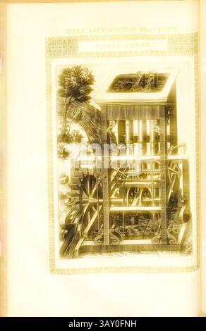 Eine detaillierte Abbildung eines mechanischen Geräts mit komplizierten Zahnrädern und Rohren, umgeben von stilisiertem Laub. Das Design spiegelt eine frühe Erforschung von Technik und Technologie wider und zeigt die Komplexität der Maschinenstruktur., Pumpe (34), Hydromotorpumpe, Kupferstich, Abb. XXXIII, nach S. 52, 1588, Agostino Ramelli: Le diverse et artificiose Machine del capitano Agostino Ramelli (...). A Parigi: In Casa del'autore, 1588, klassische Kunst mit einem modernen Twist, neu gestaltet von Artotop Stockfoto