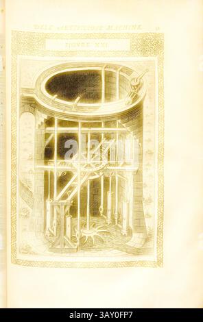 Eine komplizierte Abbildung eines mechanischen Geräts mit einer großen kreisförmigen Struktur an der Oberseite, verbunden mit einem System von Stangen und Zahnrädern. Das Design enthält detaillierte Details und zeigt frühe technische Konzepte sowie die Prinzipien der Bewegung und Mechanik., Pumpe (21), Wasserkraftpumpe für Aquädukt, Kupfergravur, Abb. XXI, S. 32, 1588, Agostino Ramelli: Le diverse et artificiose Machine del capitano Agostino Ramelli (...). A Parigi: In Casa del'autore, 1588, klassische Kunst mit einem modernen Twist, neu gestaltet von Artotop Stockfoto