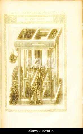 Eine komplizierte Abbildung eines mechanischen Geräts mit zahlreichen Zahnrädern und Hebeln, die innerhalb einer definierten Struktur angeordnet sind, zeigt die Komplexität der frühen Konstruktion. Die verschiedenen Komponenten sind beschriftet und betonen ihre Vernetzung und Funktionalität., Pumpe (35), Hydropumpe, Kupfergravur, Abb. XXXV, S. 54, 1588, Agostino Ramelli: Le diverse et artificiose Machine del capitano Agostino Ramelli (...). A Parigi: In Casa del'autore, 1588, klassische Kunst mit einem modernen Twist, neu gestaltet von Artotop Stockfoto