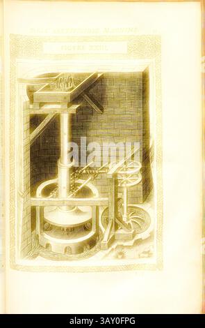 Eine komplizierte Abbildung eines mechanischen Geräts mit verschiedenen Zahnrädern und Hebeln, die die Komplexität und den Einfallsreichtum früherer Konstruktionen unterstreicht. Die beschrifteten Komponenten legen einen Schwerpunkt auf die Funktionalität und das Zusammenspiel von Bewegungen innerhalb der Maschine nahe., Pumpe (23), Hydro-Powered Pump, Kupfergravur, Abb. XXIII, S. 35, 1588, Agostino Ramelli: Le diverse et artificiose Machine del capitano Agostino Ramelli (...). A Parigi: In Casa del'autore, 1588, klassische Kunst mit einem modernen Twist, neu gestaltet von Artotop Stockfoto