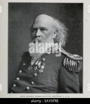 George Wallace Melville (* 10. Januar 1841 bis 17. März 1912) war ein US-amerikanischer Navy-Offizier, Ingenieur und Polarforscher. 1861 trat er der US Navy bei und diente als Ingenieur während des Amerikanischen Bürgerkriegs. Er war Mitglied von drei Arktis-Expeditionen, der Polaris-Expedition 1873, der unglücklichen Jeannette-Expedition 1879 und der Lady Franklin Bay-Expedition 1884. KONTERADMIRAL GEORGE WALLACE MELVILLE, US-amerikanischer Chefingenieur 1887 bis 1903 Stockfoto