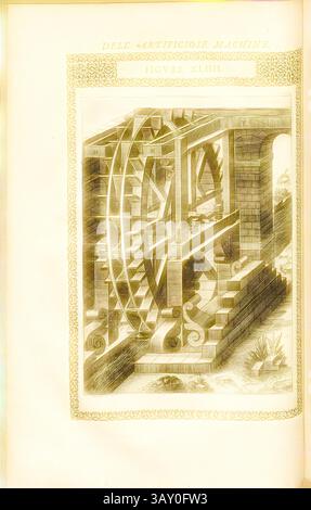 Eine komplizierte Illustration, die eine mechanische Vorrichtung mit einem großen Rad und verschiedenen Zahnrädern in einem detaillierten architektonischen Rahmen zeigt, umgeben von natürlichen Elementen. Das Design betont den Ingenieurskunst, das Vermischen von Maschinen mit kunstvollen Strukturen., Wasserrad (4), Maschine für den Transport von Wasser, Kupferstich, Abb. XLIIII, nach S. 67, 1588, Agostino Ramelli: Le diverse et artificiose Machine del capitano Agostino Ramelli (...). A Parigi: In Casa del'autore, 1588, klassische Kunst mit einem modernen Twist, neu gestaltet von Artotop Stockfoto