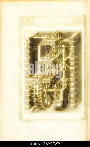 Eine detaillierte Abbildung eines komplexen mechanischen Geräts mit ineinander greifenden Zahnrädern und Hebeln, die aufwändig entworfen wurden, um die Prinzipien der Technik und Innovation zu vermitteln., Wasserrad (2), Maschine für den Transport von Wasser, Kupferstich, Abb. XLII, S. 64, 1588, Agostino Ramelli: Le diverse et artificiose Machine del capitano Agostino Ramelli (...). A Parigi: In Casa del'autore, 1588, klassische Kunst mit einem modernen Twist, neu gestaltet von Artotop Stockfoto