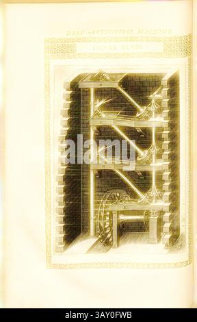 Ein kompliziertes Design eines frühen mechanischen Geräts, das eine Reihe miteinander verbundener Getriebe und Hebel in einem strukturierten Rahmen präsentiert. Die Abbildung zeigt die Komplexität und den Einfallsreichtum der Maschinen und betont die Prinzipien der Mechanik und des Ingenieurwesens., Wasserrad (8), Maschine für den Transport von Wasser, Kupferstich, Abb. XLVIII zu S. 73, 1588, Agostino Ramelli: Le diverse et artificiose Machine del capitano Agostino Ramelli (...). A Parigi: In Casa del'autore, 1588, klassische Kunst mit einem modernen Twist, neu gestaltet von Artotop Stockfoto