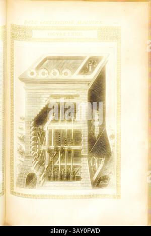 Eine komplizierte Abbildung eines frühen mechanischen Geräts mit einer Schnittansicht, die verschiedene Zahnräder, Riemenscheiben und strukturelle Elemente zeigt. Das Design unterstreicht die Komplexität der Konstruktion und zeigt die komplexen Komponenten und Funktionen der Maschine., Pumpe (62), Wasserkraftpumpe, Kupfergravur, Abb. LXXII, S. 111, 1588, Agostino Ramelli: Le diverse et artificiose Machine del capitano Agostino Ramelli (...). A Parigi: In Casa del'autore, 1588, klassische Kunst mit einem modernen Twist, neu gestaltet von Artotop Stockfoto