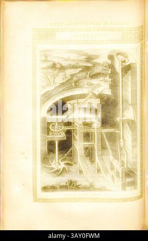 Eine komplizierte Illustration eines mechanischen Geräts mit verschiedenen Zahnrädern, Hebeln und einem komplizierten System aus Riemenscheiben und Wasserrädern, umgeben von einer Landschaft aus Bäumen und Hügeln im Hintergrund. Das Design unterstreicht den Einfallsreichtum früherer Ingenieurskunst und Mechanisierung., Pumpe (58), Wasserkraftpumpe, Kupfergravur, Abb., LXVII, nach S. 103, 1588, Agostino Ramelli: Le diverse et artificiose Machine del capitano Agostino Ramelli (...). A Parigi: In Casa del'autore, 1588, klassische Kunst mit einem modernen Twist, neu gestaltet von Artotop Stockfoto