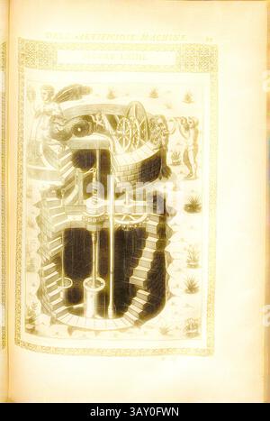 Eine komplizierte Abbildung zeigt eine mechanische Vorrichtung mit einer Reihe von Zahnrädern, Hebeln und Riemenscheiben, begleitet von stilisierten Figuren, die mit der Maschine in Berührung kommen. Das detaillierte Design unterstreicht die Komplexität der Konstruktion, vor dekorativen, mit natürlichen Elementen gefüllten Rändern. Pumpe (55), manuell betriebene Pumpe für Brunnen, Kupfergravur, Abb. LXIIII, S. 99, 1588, Agostino Ramelli: Le diverse et artificiose Machine del capitano Agostino Ramelli (...). A Parigi: In Casa del'autore, 1588, klassische Kunst mit einem modernen Twist, neu gestaltet von Artotop Stockfoto