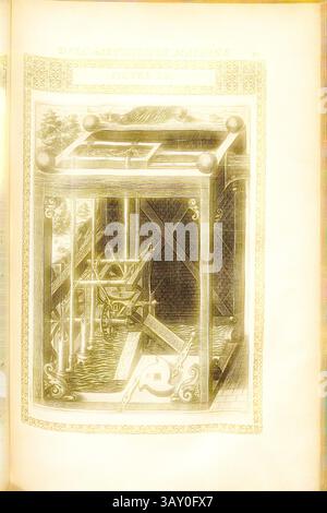 Eine komplizierte Illustration eines mechanischen Geräts mit einem Holzrahmen mit Zahnrädern und Riemenscheiben vor einem Hintergrund von Bäumen und einem Gewässer. Das Design zeigt frühe Ingenieurkonzepte, die die Komplexität und Kreativität der Maschinen aus ihrer Ära hervorheben. Pumpe (52), Hydro Pump, Kupfergravur, Abb. LX, S. 93, 1588, Agostino Ramelli: Le diverse et artificiose Machine del capitano Agostino Ramelli (...). A Parigi: In Casa del'autore, 1588, klassische Kunst mit einem modernen Twist, neu gestaltet von Artotop Stockfoto