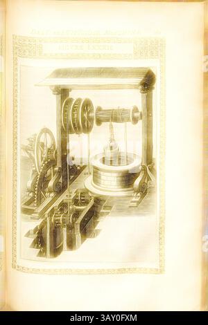Eine detaillierte Abbildung eines mechanischen Geräts mit Zahnrädern, Riemenscheiben und einem kreisförmigen Sockel, die komplexe Konstruktion und Konstruktion zeigt. Die Einrichtung hebt das Zusammenspiel verschiedener Komponenten hervor und weist auf ihre Funktion bei der Erzeugung von Bewegung oder Kraft hin., Ziehbrunnen (8), Nähgut mit Seilwindenkonstruktion, Kupferstich, Abb. LXXXII, S. 126, 1588, Agostino Ramelli: Le diverse et artificiose Machine del capitano Agostino Ramelli (...). A Parigi: In Casa del'autore, 1588, klassische Kunst mit einem modernen Twist, neu gestaltet von Artotop Stockfoto