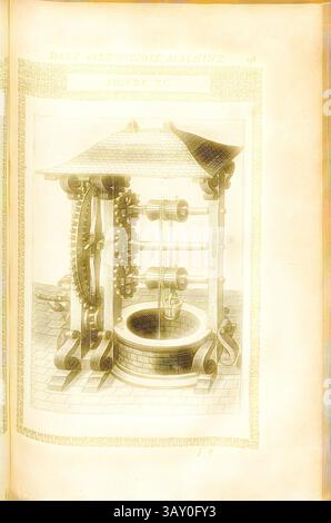 Ein kompliziertes Design einer mechanischen Vorrichtung mit einem großen Rad, zahlreichen Zahnrädern und einer strukturierten Basis, die alle um einen zentralen Brunnen ausgerichtet sind. Der Entwurf zeigt die komplexe Technik und die detailreiche Handwerkskunst der Maschine., Ziehbrunnen (16), Ziehbrunnen mit Windendesign, Kupferstich, Abb. XC, S. 138, 1588, Agostino Ramelli: Le diverse et artificiose Machine del capitano Agostino Ramelli (...). A Parigi: In Casa del'autore, 1588, klassische Kunst mit einem modernen Twist, neu gestaltet von Artotop Stockfoto