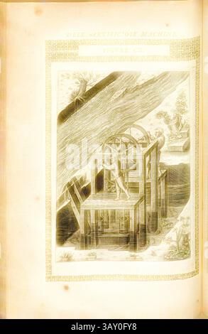 Eine komplizierte Abbildung einer frühen mechanischen Vorrichtung mit einer komplexen Anordnung von Zahnrädern und Hebeln, die von einer Holzkonstruktion gestützt werden. Die Szene zeigt eine Figur, die mit der Maschine beschäftigt ist, vor dem Hintergrund von fließendem Wasser und üppiger Vegetation, die auf den Innovationsgeist seiner Zeit hindeutet., Entwässerungsmaschine (14), handbetriebene Entwässerungsmaschine, Kupfergravur, Abb. CX, nach S. 170, 1588, Agostino Ramelli: Le diverse et artificiose Machine del capitano Agostino Ramelli (...). A Parigi: In Casa del'autore, 1588, klassische Kunst mit einem modernen Twist, neu gestaltet von Artotop Stockfoto