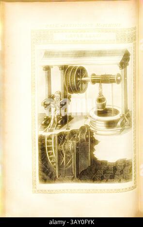 Eine komplizierte Abbildung einer mechanischen Vorrichtung mit einem zentralen Rad- und Riemenscheibensystem mit einer Figur, die die Maschine bedient. Umgebende Elemente deuten auf eine komplexe Interaktion zwischen Zahnrädern und Hebeln hin, was den Einfallsreichtum früherer Konstruktionen unterstreicht., Ziehbrunnen (7), zeichnen gut mit Windendesign, Kupferstich, Abb. LXXXI, nach S. 124, 1588, Agostino Ramelli: Le diverse et artificiose Machine del capitano Agostino Ramelli (...). A Parigi: In Casa del'autore, 1588, klassische Kunst mit einem modernen Twist, neu gestaltet von Artotop Stockfoto