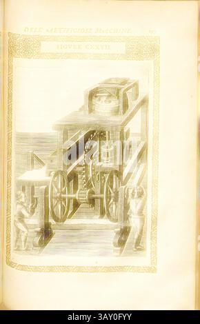 Eine Abbildung, die eine komplexe mechanische Vorrichtung mit großen Zahnrädern und Hebeln zeigt, mit Abbildungen zur Bedienung der Maschine. Das Design zeigt komplizierte Details und eine Vintage-Ästhetik, die eine Ära der frühen technischen Innovation widerspiegelt., Mühle (15), wie eine manuell angetriebene Mühle funktioniert, Kupfergravur, Abb. CXXVII, S. 197, 1588, Agostino Ramelli: Le diverse et artificiose Machine del capitano Agostino Ramelli (...). A Parigi: In Casa del'autore, 1588, klassische Kunst mit einem modernen Twist, neu gestaltet von Artotop Stockfoto