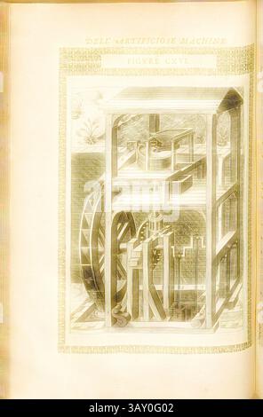 Eine komplizierte Abbildung eines frühen mechanischen Geräts, das verschiedene Komponenten wie Getriebe, Räder und Wasserkanäle zeigt, die alle entwickelt wurden, um komplexe Maschinen in Aktion zu demonstrieren. Die detaillierte Struktur unterstreicht die Handwerkskunst und Ingenieurprinzipien der damaligen Zeit., Mühle (4), wie eine Mühle mit Wasserantrieb funktioniert, Kupferstich, Abb. CXVI, S. 179, 1588, Agostino Ramelli: Le diverse et artificiose Machine del capitano Agostino Ramelli (...). A Parigi: In Casa del'autore, 1588, klassische Kunst mit einem modernen Twist, neu gestaltet von Artotop Stockfoto