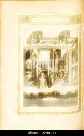 Eine komplizierte Illustration, die eine mechanische Vorrichtung zeigt, zeigt Zahnräder, Räder und eine Figur, die mit der Maschine interagiert, und hebt den Einfallsreichtum früherer Konstruktionen hervor., Mühle (12), Betrieb eines Laufbands, Kupferstich, Abb. CXXIIII, nach S. 192, 1588, Agostino Ramelli: Le diverse et artificiose Machine del capitano Agostino Ramelli (...). A Parigi: In Casa del'autore, 1588, klassische Kunst mit einem modernen Twist, neu gestaltet von Artotop Stockfoto