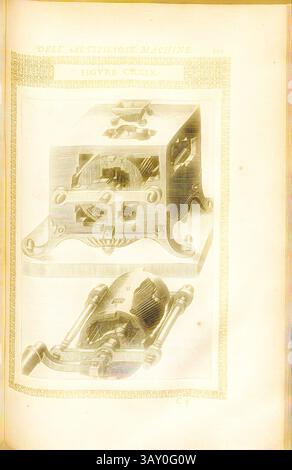 Eine Vintage-Illustration, die ein kompliziertes mechanisches Gerät mit verschiedenen Zahnrädern und Bauteilen zeigt, das die frühen technologischen Innovationen veranschaulicht. Die detailreiche Handwerkskunst unterstreicht die Komplexität und den Einfallsreichtum der Maschinen., Mühle (17), How a Grinder Works, Kupfergravur, Abb. CXXIX, S. 200, 1588, Agostino Ramelli: Le diverse et artificiose Machine del capitano Agostino Ramelli (...). A Parigi: In Casa del'autore, 1588, klassische Kunst mit einem modernen Twist, neu gestaltet von Artotop Stockfoto