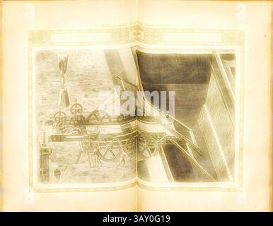 Eine komplizierte Abbildung eines mechanischen Geräts mit Zahnrädern und Riemenscheiben sowie verschiedenen Figuren, die auf einen historischen oder wissenschaftlichen Kontext hinweisen. Das Bild zeigt handwerkliches und technisches Design, was auf die innovativen Konzepte der Technik hindeutet., Mobile Brückenkonstruktion (3), Mobile Brückenkonstruktion, Kupfergravur, Abb. CXLII, S. 225, 1588, Agostino Ramelli: Le diverse et artificiose Machine del capitano Agostino Ramelli (...). A Parigi: In Casa del'autore, 1588, klassische Kunst mit einem modernen Twist, neu gestaltet von Artotop Stockfoto