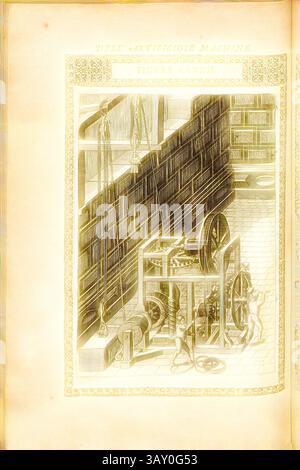 Eine komplizierte Abbildung eines mechanischen Geräts mit großen Zahnrädern und Riemenscheiben, mit Figuren, die verschiedene Komponenten in einer großen, strukturierten Umgebung bedienen. Der detaillierte Hintergrund zeigt Regale gefüllt mit Büchern, die auf einen historischen oder wissenschaftlichen Kontext hinweisen., Hebevorrichtung (5), Kran bestehend aus einer Windenkonstruktion, Kupferstich, Abb. CLXXII, S. 280, 1588, Agostino Ramelli: Le diverse et artificiose Machine del capitano Agostino Ramelli (...). A Parigi: In Casa del'autore, 1588, klassische Kunst mit einem modernen Twist, neu gestaltet von Artotop Stockfoto
