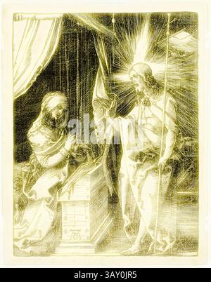 Eine göttliche Szene, in der Jesus neben einer sitzenden Maria steht, beleuchtet von strahlendem Licht. Er hält ein Banner, während sie sich auf eine Aufgabe konzentriert, was ein Gefühl der Ehrfurcht und Verbindung zwischen den Figuren schafft. Die Kulisse zeigt architektonische Elemente, die die heilige Atmosphäre verstärken., Albrecht Dürer, deutsch, 1471-1528, Christus erscheint seiner Mutter, zwischen 1509 und 1511, Holzschnitt in schwarzer Tinte auf Büttenpapier gedruckt, Bild: 3/4 12,7 x 9,5 cm, Klassische Kunst mit modernem Twist von Artotop neu interpretiert Stockfoto
