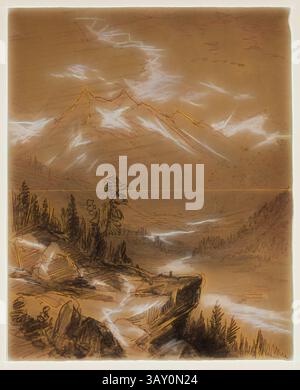 Eine ruhige Landschaft mit zerklüfteten Bergen unter bewölktem Himmel, mit einem sich windenden Fluss und felsigem Gelände im Vordergrund. Hohe Bäume stehen am Flussufer und tragen zur ruhigen Atmosphäre der Szene bei. John W. Casilear, amerikanisch, 1811-1893, Mountain Valley, 19. Jahrhundert, Graphit erhöht mit weißem Goauche auf Papier, Blatt: 10 3/16 x 8 1/8 Zoll (25,9 x 20,6 cm), Klassische Kunst mit einem modernen Twist, neu interpretiert von Artotop Stockfoto