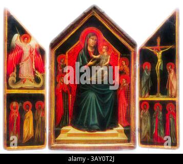 Ein religiöses Kunstwerk mit einer zentralen Darstellung der Madonna und des Kindes, umgeben von verschiedenen Heiligen und Engeln. Die Figuren sind elegant in einem Triptychon-Format angeordnet, mit komplizierten Details, die jede Figur und Szene hervorheben und ein Gefühl von Ehrfurcht und spiritueller Bedeutung vermitteln., Meister der Heiligen Cecilia, italienisch, aktiv um 1290-1320, Madonna und Kind thront mit den Heiligen Lucy, Margarete, Maria Magdalena und Katharina von Alexandria, ca. 1290 bis 1320, Tempera auf Holztafel, Mitteltafel: 29 1/2 x 17 3/4 Zoll (74,9 x 45,1 cm), moderne gedrehte Kunst Stockfoto