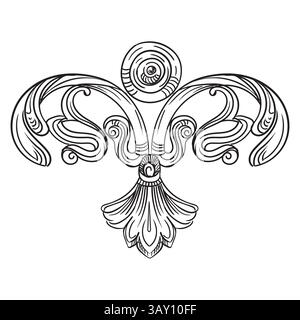 Dekoratives Designelement mit symmetrischem Wirbel. Vintage Damast, barocke filigrane Hochzeitsrolle Blumenschmuck. Retro-Muster gravieren. Vektorillustraten Stock Vektor