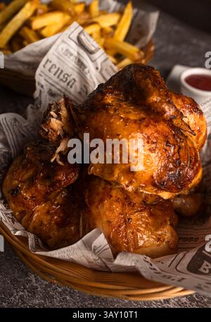 Köstliches gebratenes Hühnchen und knusprige Pommes frites serviert in einem Korb mit Zeitungsfutter und einer Sauce Stockfoto