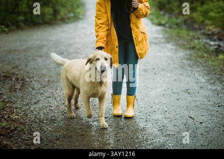 Anonyme Frau, die im Regen mit gelbem Regenmantel läuft Stockfoto