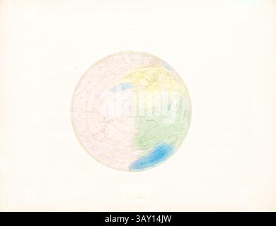 Eine kreisförmige Karte mit einer topographischen Darstellung einer Bergregion, mit verschiedenen schattigen Gebieten, die die Höhe und die Landformen anzeigen, ergänzt durch Gewässer. Die Karte ist detailreich und zeigt geografische Merkmale und Umrisse in gedeckten Farben., das Mont-Blanc-Panorama, kartographische Darstellung des Mont-Blanc-Panoramas mit Angabe der Richtungen, signiert: Entworfen u., gezeichnet von dr., W. Pitschner, Lith., Druck von C. Ulrich, TAF. VIII, S. 7, Pitschner W. (del.); Ullrich, C. (lith. Et imp.), 1864, W. Pitschner: Der Mont-Blanc: Darstellung der Besteigung desselb Stockfoto