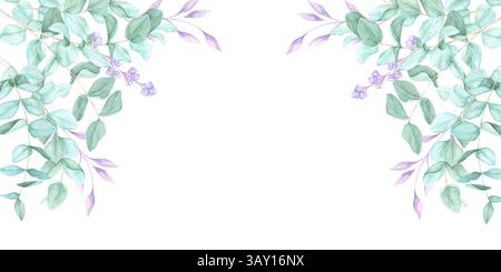 Elegante Eukalyptusstiele in Aquarell bilden einen botanischen Rahmen mit grünem Laub. Dieses Clipart-Banner eignet sich für digitales Scrapbooking, Branding-Elemente, Grußkarten und elegante Einladungen zu Veranstaltungen Stockfoto