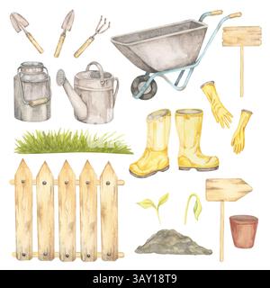 Gelbe Stiefel, Schubkarre, Handschuhe, Gießkanne, Pfahlzaun, Bodenhügel, Setzlinge und Werkzeuge in Aquarell dargestellt. Clipart eignet sich perfekt für Karten mit Frühlingsmotiven, Gartenschilder oder Stoffdrucke Stockfoto