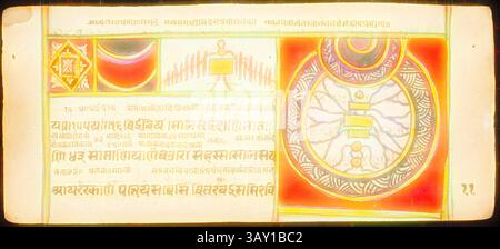 Eine komplizierte Abbildung zeigt geometrische Symbole und fließende Linien, begleitet von Text in einem stilisierten Skript. Das Design umfasst ein zentrales Motiv mit kreisförmigen Mustern, das Themen der Spiritualität und Harmonie andeutet. Die lebendigen Farben stehen im Kontrast zu den detaillierten Symbolen und schaffen eine fesselnde visuelle Erzählung., Unknown (Indisch), tantrische Manuskript Sangrahani Sutra, 17. Jahrhundert, Aquarell und Gold auf Papier, Blatt 11 3/4 x 4 5/16 (29,9 cm). X 11 cm.), klassische Kunst mit einem modernen Touch, neu interpretiert von Artotop Stockfoto