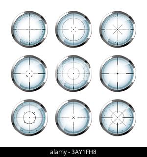 Chrom-Waffenvisiere, Scharfschützengewehr-optische Oszilloskope. Jagdpistole Sucher mit Fadenkreuz. Ziel, Symbol für die Schießmarke. Militärisches Zielschild, Silhouette Stock Vektor