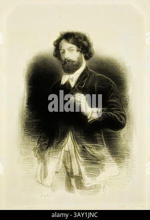 Ein angesehener Mann mit lockigen Haaren und Bart, in formeller Kleidung gekleidet, steht selbstbewusst mit einer Hand und passt sein Fell an. Der Hintergrund zeigt eine subtile Schattierung, die seine Präsenz verstärkt., Paul Gavarni, Französisch, 1804-1866, Selbstporträt, Gavarni a la Zigarette, 1842, Lithographie, Bild: 8 7/8 x 6 1/8 Zoll (22,5 x 15,6 cm), Klassische Kunst mit einem modernen Twist, neu interpretiert von Artotop Stockfoto