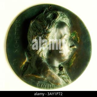 Ein detailliertes Medaillon mit einem Profilporträt einer klassischen Figur, verziert mit komplizierten Haaren und Gesichtszügen, die vielleicht eine bemerkenswerte Persönlichkeit aus Geschichte oder Kunst darstellen. Die Handwerkskunst unterstreicht sowohl die Tiefe als auch die Textur des Designs. Pierre-Jean David d'Angers, Französisch, 1788-1856, Ary Scheffer, 1828, Bronze, insgesamt: 13,3 x 1,9 cm (5 1/4 x 3/4 Zoll), Klassische Kunst mit einem modernen Twist, neu interpretiert von Artotop Stockfoto