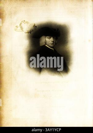 Ein historisches Porträt von Richard Watson, identifiziert als Bischof von Llandaff, mit elegantem Hut und würdevollem Ausdruck. Das Kunstwerk zeigt komplizierte Schattierungen und ist von dekorativen Elementen eingerahmt, was seine Einzigartigkeit und historische Bedeutung unterstreicht. Richard Watson, Bischof von Llandaff, Portrait of Richard Watson (1737-1816), signiert: Gravur von W. T. Fry aus einem Originalbild von Romney, Frontispiece, Romney, John (del.); Fry, William Thomas (sc.), 1817, Richard Watson: Anekdotes of the Life of Richard Watson, Bischof von Landaff, geschrieben in verschiedenen Abständen, und Stockfoto