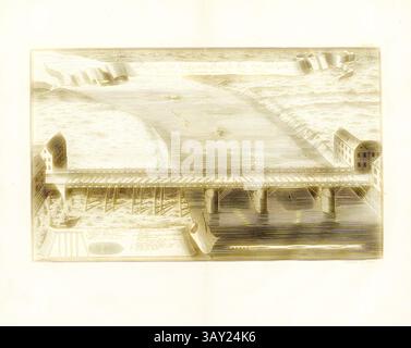 Eine detaillierte Abbildung einer Brücke, die einen Fluss überspannt, mit Strukturen auf beiden Seiten und kleinen Booten, die das Wasser steuern. Dekorationselemente zieren die Decke und verleihen der Szene einen kunstvollen Touch., Aussicht auf die Holzbrücke an der Stoëdgen Camburg in Thüringen über die Halle Strohm, Holzbrücke über die Saale bei Camburg (Dornburg-Camburg in Thüringen), signiert: I. W. Stör sc, Abb. 27, nein 34, nach S. 96, Stör, Johann Wilhelm (sc.); Breitkopf, Bernhard Christoph (Hrsg.), 1735, Carl Christian Schramm: historischer Schauplatz in welchem die merkwürdigsten Brücken aus allen Theilen der Welt, inso Stockfoto