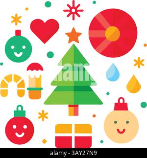 Einfache und stilvolle Weihnachtssymbole, weihnachtliche Elemente: Weihnachtsmann, Hut, Glocke, Baum, Licht, Geschenk, hart lesen, Weihnachtsgeschenk, Stern, Stock Vektor
