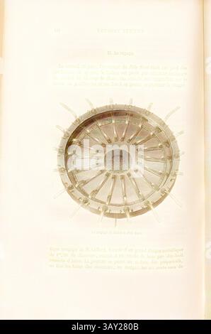 Eine komplizierte Illustration eines Schiffrads mit einem detaillierten Design, das die handwerkliche und nautische Themen betont. Der umgebende Text scheint seinen historischen Kontext und seine Bedeutung zu diskutieren., Kugelhahn des Nordpols, Ventil des Heißluftballons „Pôle Nord“, signiert: A. Tissandier; C. Laplante sc, Abb. 112, S. 532, Tissandier, Albert (del.); Laplante, Charles (sc.), 1870, James Glaisher; Camille Flammarion; Wilfrid de Fonvielle; Gaston Tissandier: Voyages aériens. Paris: Hachette, 1870, Klassische Kunst mit modernem Touch, neu interpretiert von Artotop Stockfoto