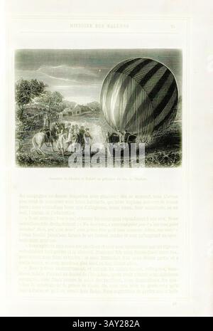 Eine Gruppe von Menschen versammelt sich um einen großen gestreiften Heißluftballon, um sich auf einen Flug vorzubereiten. Die Szene vor dem Hintergrund sanfter Hügel und einer ruhigen Landschaft, die den abenteuerlichen Geist der frühen Ballonfahrt einfangen. Der Text am unteren Rand bietet historischen Kontext über das Ereignis. Abstieg von Karl und Robert in Anwesenheit des Herzogs von Chartres, Jacques Alexandre César Charles (1746–1823) und Nicolas-Louis Robert aka Marie-Noël Robert (1760 1820) nach der Landung des Wasserstoffballons in Nesles-la-Vallée am 1. Dezember 1783 und Louis-Philippe II. Joseph, de Bourbon, Herzog d’Orléans, Si Stockfoto