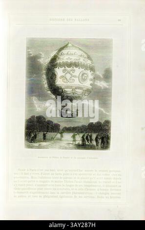 Ein kunstvoller Heißluftballon schwingt über einer ruhigen Landschaft, die mit komplizierten Designs und Symbolen geschmückt ist. Unten säumen Bäume die Ufer eines ruhigen Gewässers und zeigen eine ruhige Szene, die in der Ära des frühen Ballonsports mit Abenteuern und Entdeckungsfreuden durchdrungen war. Aufstieg des Pilâtre de Rozier und des Marquis d'Arlands, erste kostenlose Ballonfahrt von Jean-Francois Pilâtre de Rozier und Francois d'Arlands am 21. November 1783 im Garten des Schlosses La Muette in Passy (Paris), signiert: Tremelat, Abb. 13, S. 49, Tremelat (sc.), 1876, Alfred Sircos; Th. Pallier: Histoire des ballons et des ascensions Stockfoto