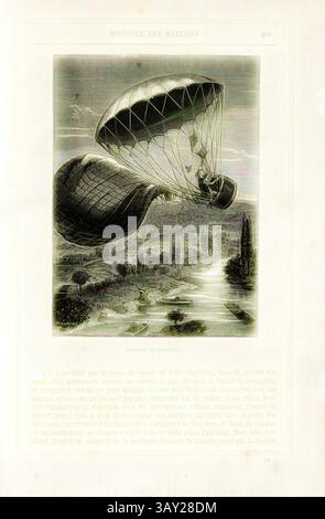 Eine skurrile Illustration eines Heißluftballons, der anmutig über eine malerische Landschaft schwingt, umgeben von üppigen Bäumen und einem sich windenden Fluss. Die Szene fängt ein Gefühl von Abenteuer und Entdeckungen ein, wobei das komplizierte Design des Ballons die Wunder der frühen Luftfahrt unterstreicht. Der Titel enthält auch eine historische Erzählung über die Bedeutung solcher Flüge im Kontext menschlicher Leistungen., Fallschirmsprung von André-Jacques Garnerin am 22. Oktober 1797, signiert: R. E. Scherer ?; Claverie, Abb. 48, S. 265, Claverie (sc.), 1876, Alfred Sircos; Th. Pallier: Histoire des b Stockfoto