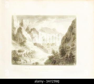 Eine ruhige Landschaft mit dramatischen Berggipfeln, üppigen Bäumen und einem sich windenden Fluss, die das Wesen der natürlichen Schönheit und Ruhe einfängt. Der Rosenlaui-Gletscher auf dem Scheidek in Cant. Bern, View of the Rosenlaui Glacier, signiert: D. Dürringer, A. Zingg, Etching, Plate 4, zu S. 64 (Teil 1), Dürringer, D. (ad nat. Del.); Zingg, Adrian (Sculp.), 1760, Gottlieb Sigmund Gruner: Die Eisgebirge des Schweizerlandes. Bern: Abraham Wagner, Sohn. 1760., Klassische Kunst mit modernem Touch, neu gestaltet von Artotop Stockfoto