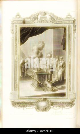 Eine dramatische Szene mit einer Gruppe elegant gekleideter Individuen, die ein großes, reich verziertes Gerät beobachten, das Rauchwolken ausstrahlt, alle eingerahmt von einer raffinierten Grenze, die zur theatralischen Atmosphäre des Augenblicks beiträgt., Piazza SUFFIMENTI to Others, Parallel Title: The Alar of Smoke with Other, signiert: G. D. Heüman Sculps, Copper Graving, Plate CCIX (Band 2), Füssli, Johann Melchior; Heumann, Georg Daniel, Heumann, Sculps. 1731, Johann Jakob Scheuchzer: Kupfer-Bibel (...). Augspurg und Ulm: bey Christian Ulrich Wagner, 1731–1735, Klassische Kunst mit modernem Twist neu interpretiert von Artotop Stockfoto