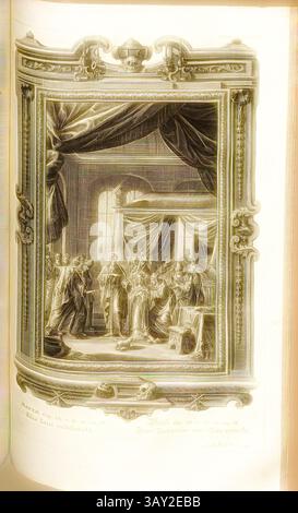 Eine großartige Szene in einem reich verzierten Raum mit elegant gekleideten Figuren, die in dramatische Gespräche eintauchen, umgeben von edlen Stoffen und einer komplexen Einrichtung. Die Atmosphäre lässt einen historischen oder theatralischen Moment vermuten und vermittelt Themen von Autorität und Intrige., Philia jerry Leak, Paralleltitel: Jairi Tochter des Todes, signiert: J. A. Fridrich sculps, Kupferstich, Platte DCLXXV, Füssli, Johann Melchior; Fridrich, Jacob Andreas (Sculps.), 1731, Johann Jakob Scheuchzer: Kupfer-Bibel (...). bey Christian Ulrich Wagner, 1731-1735, Klassische Kunst mit modernem Twist Stockfoto